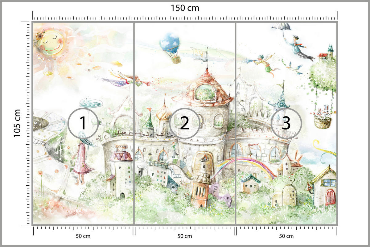 FOTOTAPETE für Kinderzimmer Märchenstadt Schloss Magisch 150x105 - Blau/Gelb, Papier (150/105cm) - Muralo