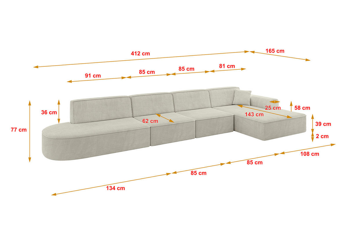 ECKSOFA Ottomane Rechts IREA-L3-v3 - 412x165x77 cm Hellgrau - Ecru, Holzwerkstoff/Textil (412/165cm) - ALTDECOR