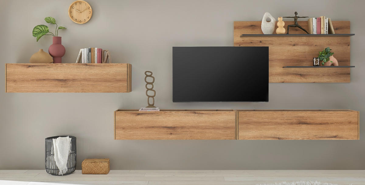 WOHNWAND Evoke Eiche, grau, Set 4-teilig mit XXL-TV-Schrank, 400 cm - Eichefarben/Grau, Holz/Holzwerkstoff (400/180/30cm) - Furn.Design