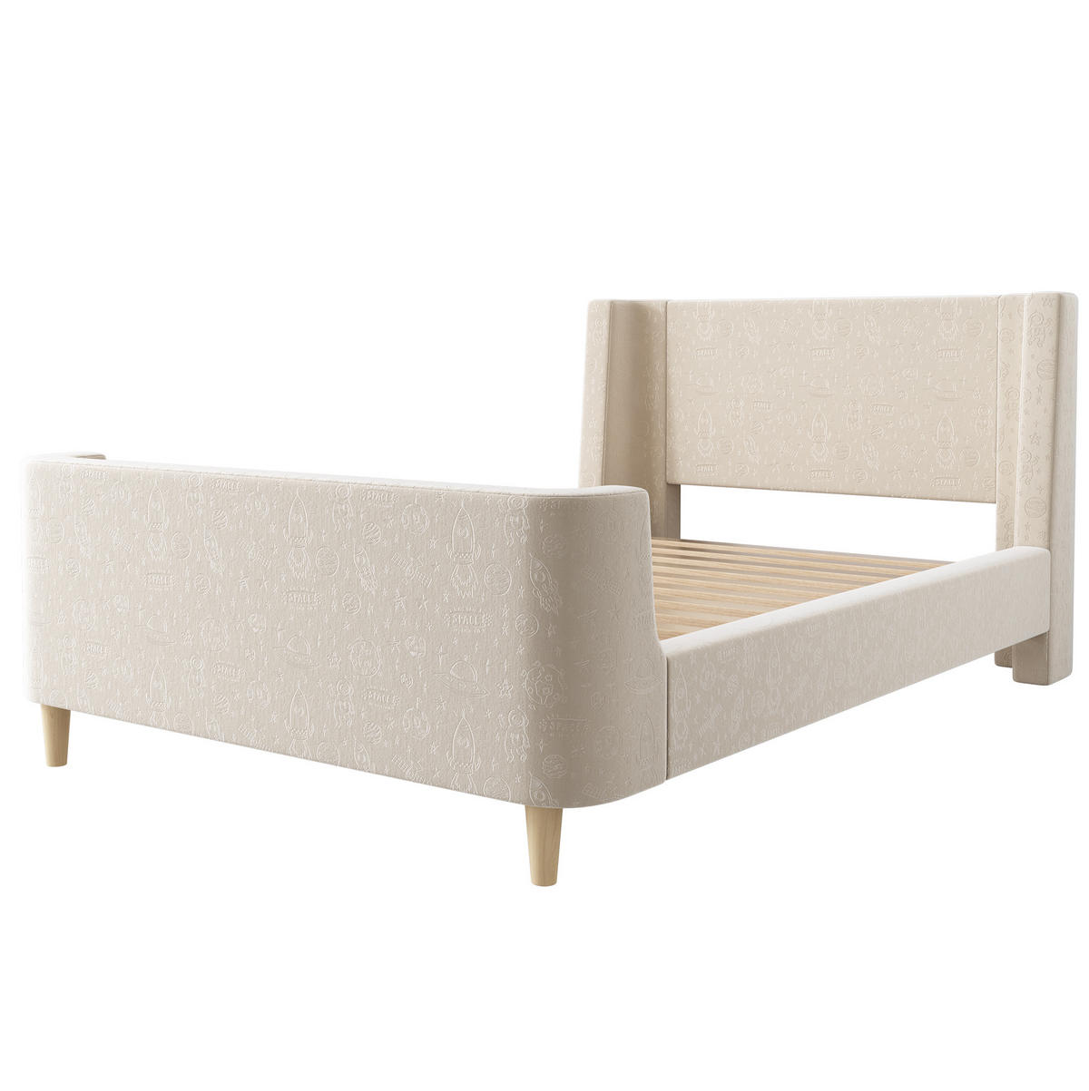 KINDERBETT aus Samt 90x200 cm Beige mit Weltraummuster und Lattenrost - Beige, Textil (90/200cm) - IVMEU