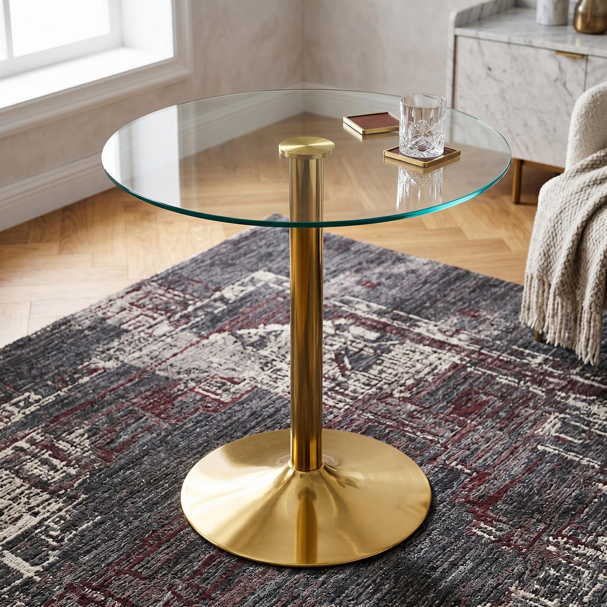 BARTISCH runder glas & gold Ø 89 cm mit trompetenfuß - Goldfarben, Glas (89/89/92cm) - Urban Meuble