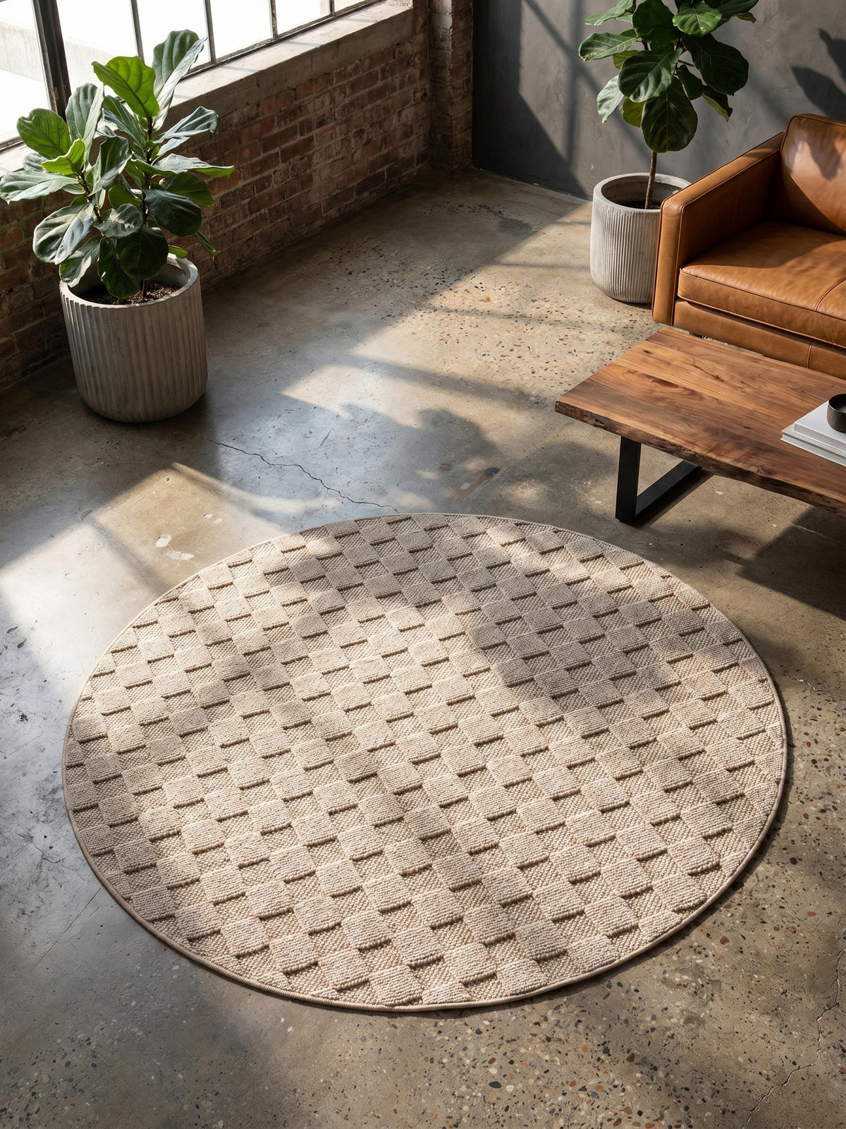 TEPPICH Flachgewebe LANGAU in Beige, mit Schachbrettmuster, Ø 80 cm - Beige, Textil (80/80cm) - KADIMA DESIGN