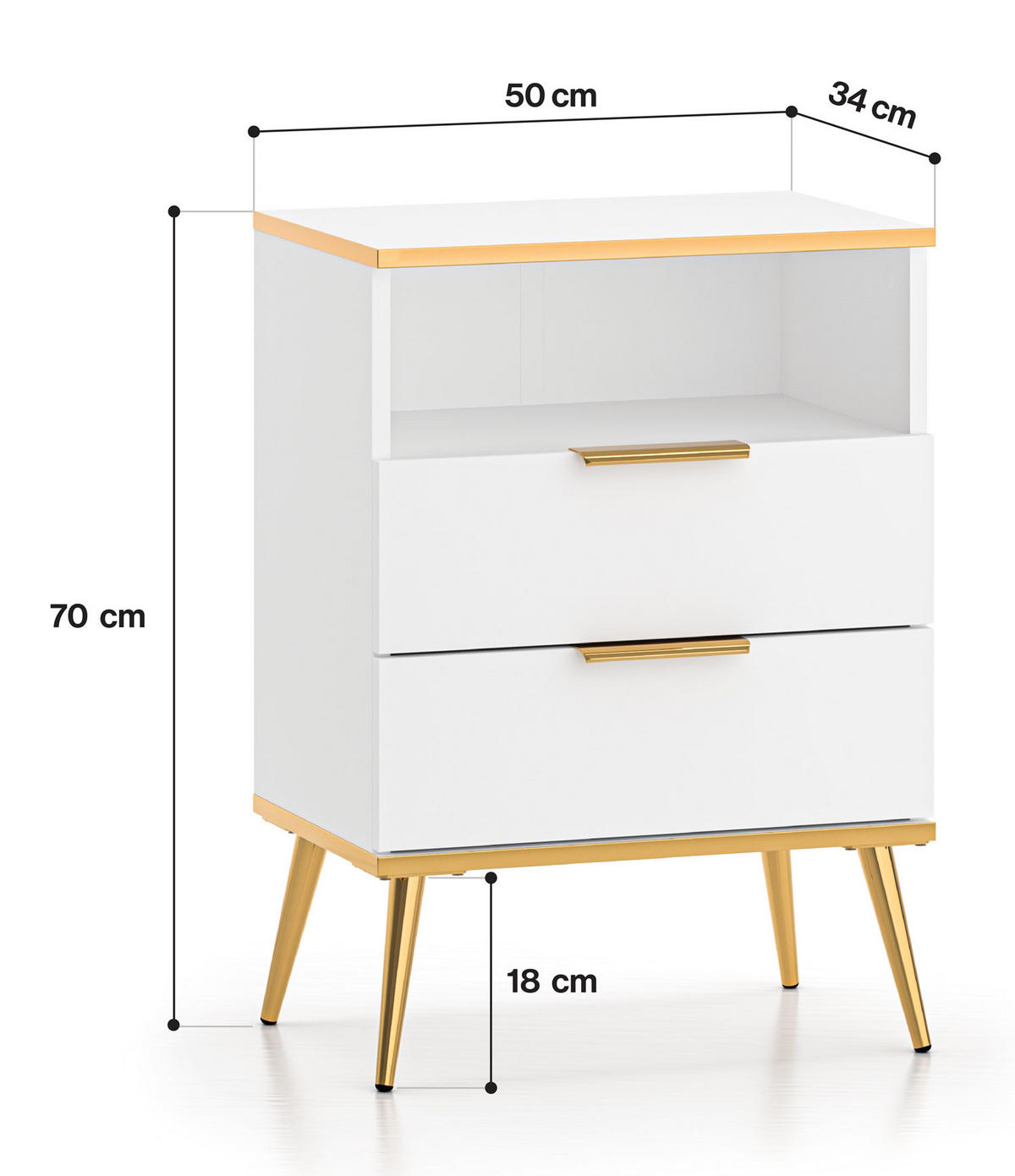 NACHTKONSOLE Viterbo 2er-Set Alpinweiß matt / goldfarben 50 / 34 / 70cm - Goldfarben/Weiß, Holz/Holzwerkstoff (50/70/34cm) - Feldmann-Wohnen