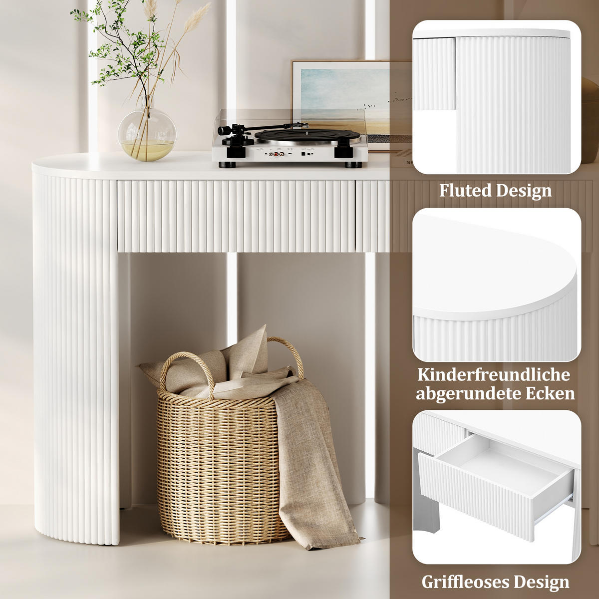 KONSOLENTISCH mdf in weiß mit rillen-design, geschwungene form & 2 unsichtbare schubladen - Weiß, Holzwerkstoff (33/120/76cm) - Urban Meuble