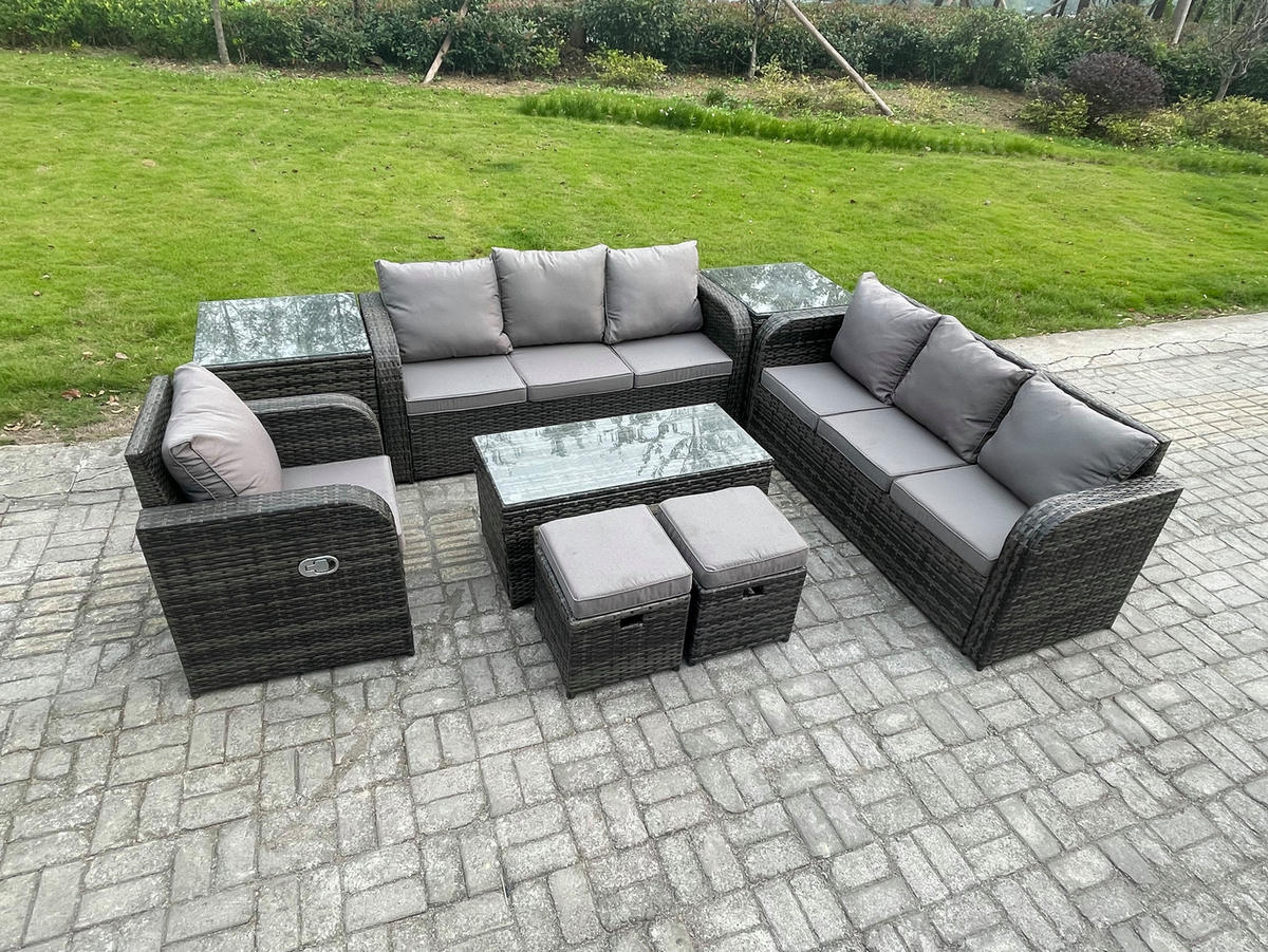 GARTENSOFA SET mit rechteckigem COUCHTISCH Polyrattan 9-Sitzer Dunkelgrau - Dunkelgrau/Grau, Glas/Kunststoff - Fimous