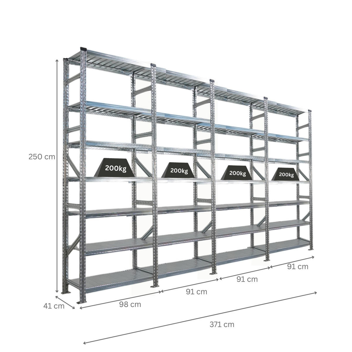 FACHBODENREGAL Proximo Stecksystem 250x360x40cm 7 Ebenen Beidseitig nutzbar Verzinkt - Silberfarben, Metall (360/250/40cm) - PROREGAL