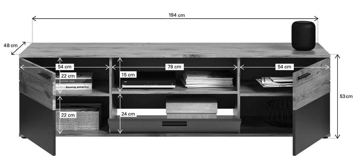 TV-LOWBOARD Eiche, grau 194 cm, XL Flat TV Unterschrank mit Soft-Close - Eichefarben/Schwarz, Holzwerkstoff/Kunststoff (194/53/47cm) - Inn.Furn