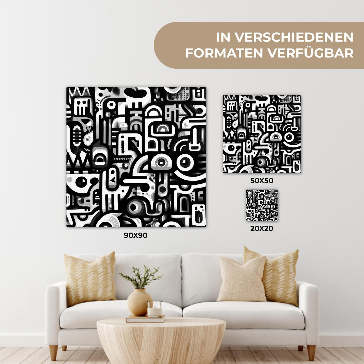 LEINWANDBILD Symbole - Abstrakt - Grafik - Schwarz Wandbild Wohnzimmer 50x50 cm - Schwarz, Textil (50/50cm) - MuchoWow