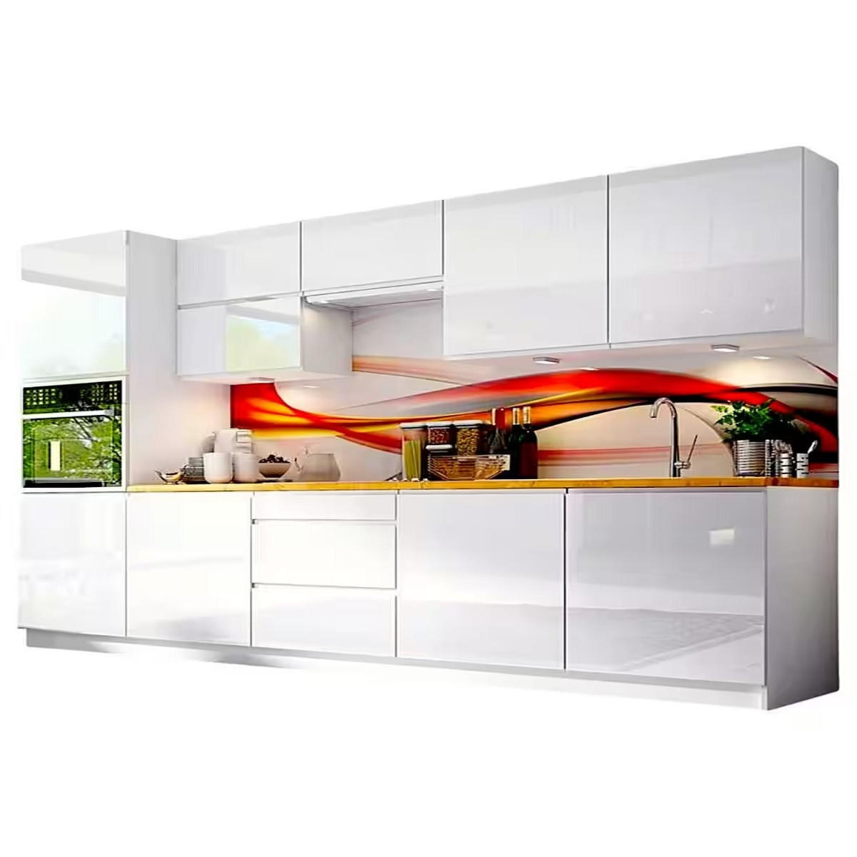 KÜCHENZEILE 300 cm - Aspen K56-M300 - in Weiß/Hochglanz - Weiß Hochglanz, Holz (300/212/60cm)