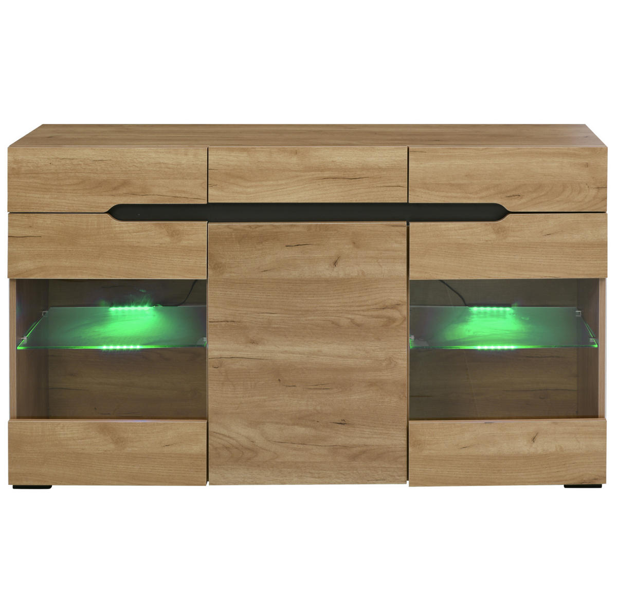 SIDEBOARD 140/35/80 cm in Eichefarben mit 3 Türen, 3 Schubladen und LED-Beleuchtung - Naturfarben, Holzwerkstoff (140/80/35cm) - Flora Grace