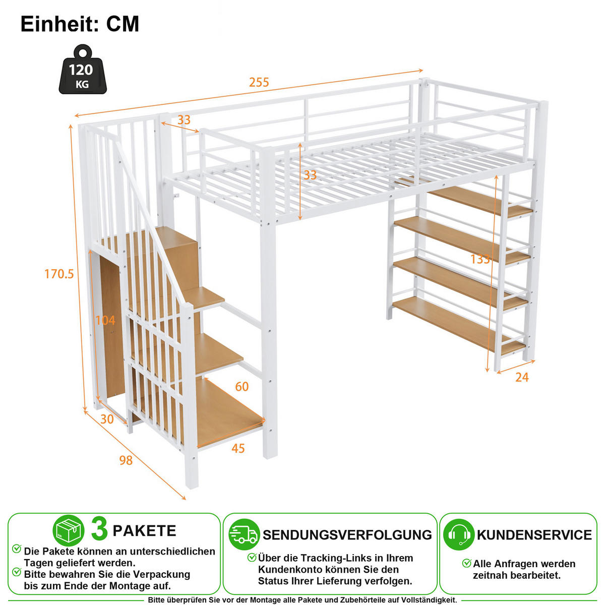 VYSOKÁ POSTEL 90/200 cm v bílé barvě se schody, úložným prostorem a skříní - bílá, kov/kompozitní dřevo (90/200cm) - CHICFURN