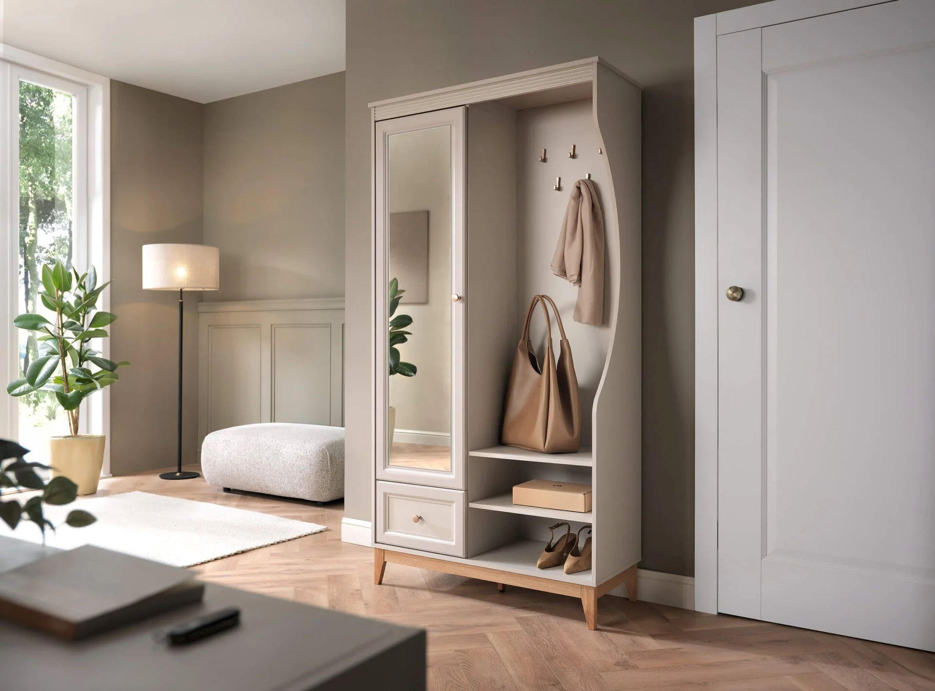 GARDEROBE Windsor Kaschmir, Eintürige mit Schublade und Spiegel - Kaschmir, Holzwerkstoff (100/193/41cm) - Bettso