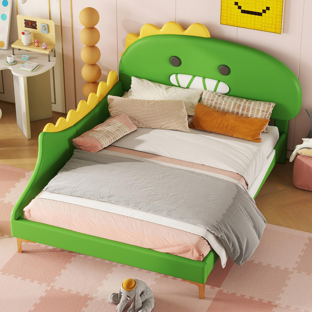 KINDERBETT 140/200 cm in Grün aus PU und MDF in Dinosaurierform - Grün, Kunststoff (140/200cm) - OKMYHOME