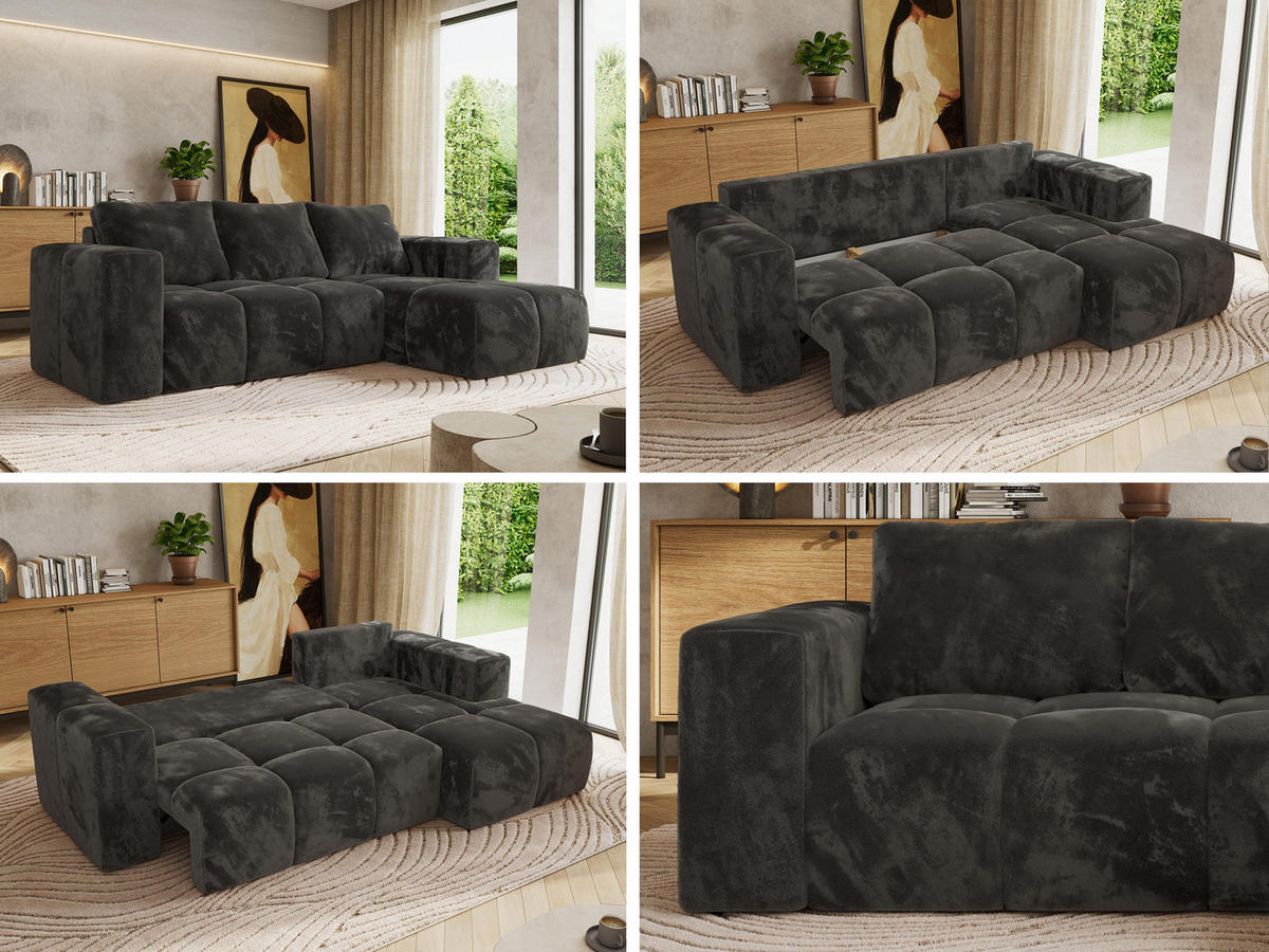 ROHOVÁ SEDAČKA MONIVA L - Tmavě šedá Plyš - Pravá Strana - černá/tmavě šedá, textil/plast (266/164cm) - MKS