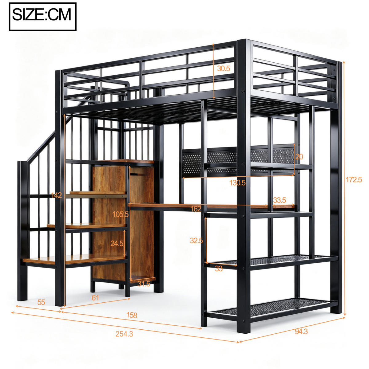 HOCHBETT 90/200 cm mit Stauraumtreppe, Schreibtisch, LED-Beleuchtung und Steckdose, Schwarz - Schwarz, Metall (90/200cm) - Redom