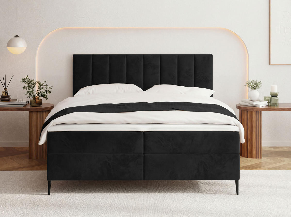 BOXBETT Allen mit Bettkasten, Samt Schwarz 200x200 cm – inkl. H4 Taschenfederkern Matratze & Foam Topper - Schwarz Hochglanz/Schwarz, Holzwerkstoff/Metall (200/200cm) - WFL GROUP