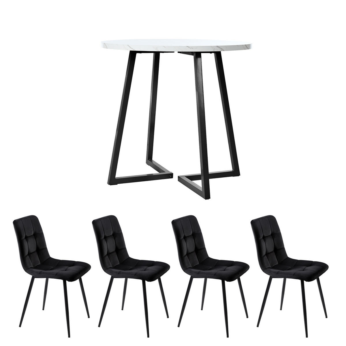 ESSZIMMER-SET 5-tlg mit rundem Tisch 80 cm Durchmesser aus Marmor-Spanplatte, 4 Samtstühlen und Metallgestell, weiß-schwarz - Schwarz, Holzwerkstoff (80/75/80cm) - Luhomfu