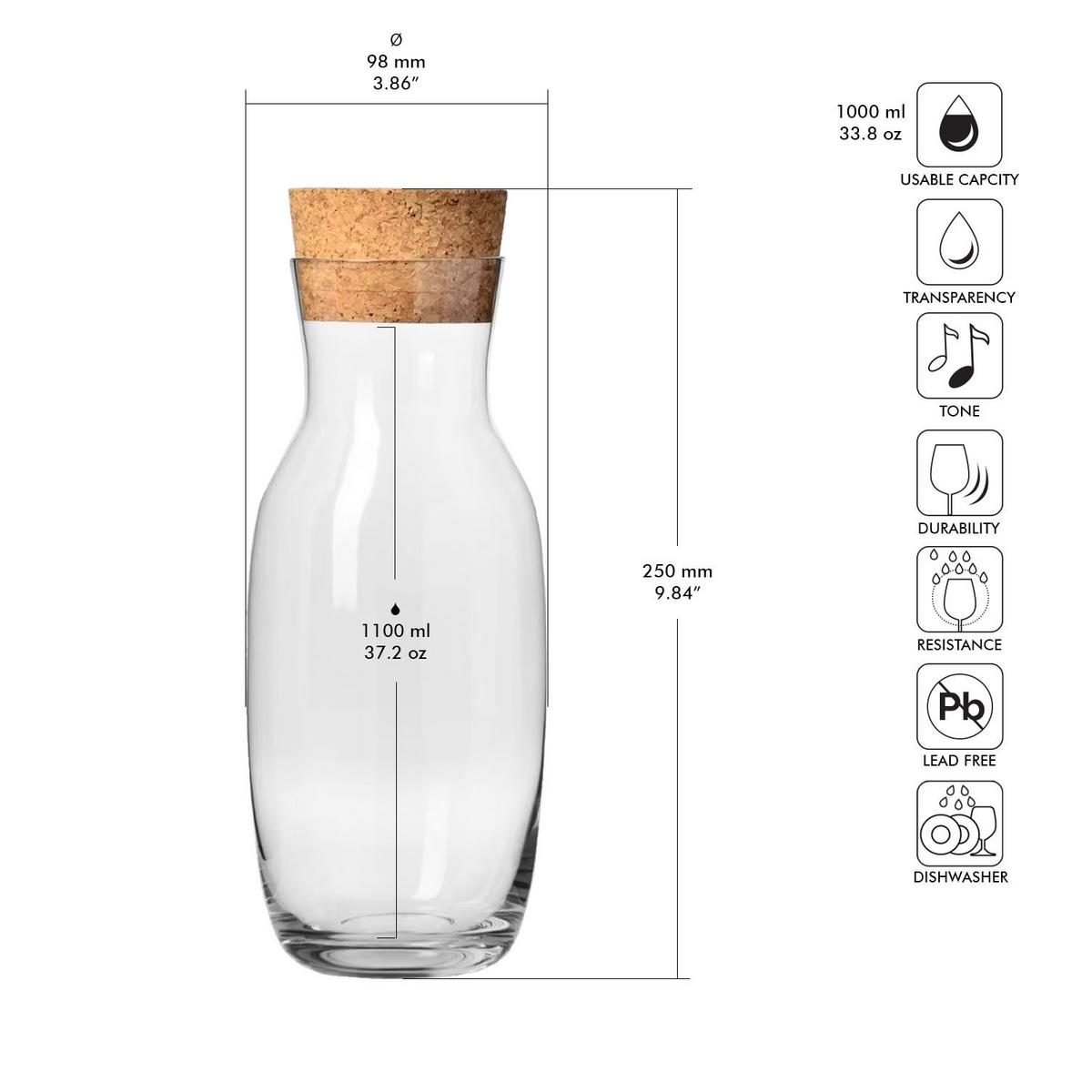 WASSERKARAFFE MIT KORKEN - Transparent, Glas (1.1L)