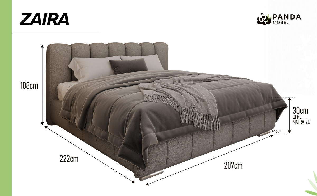 POLSTERBETT Zaira 180x200cm – Elegantes Polsterbett für modernen Wohnstil , ohne matratze, hellgrau - Hellgrau, Holz - Panda Möbel