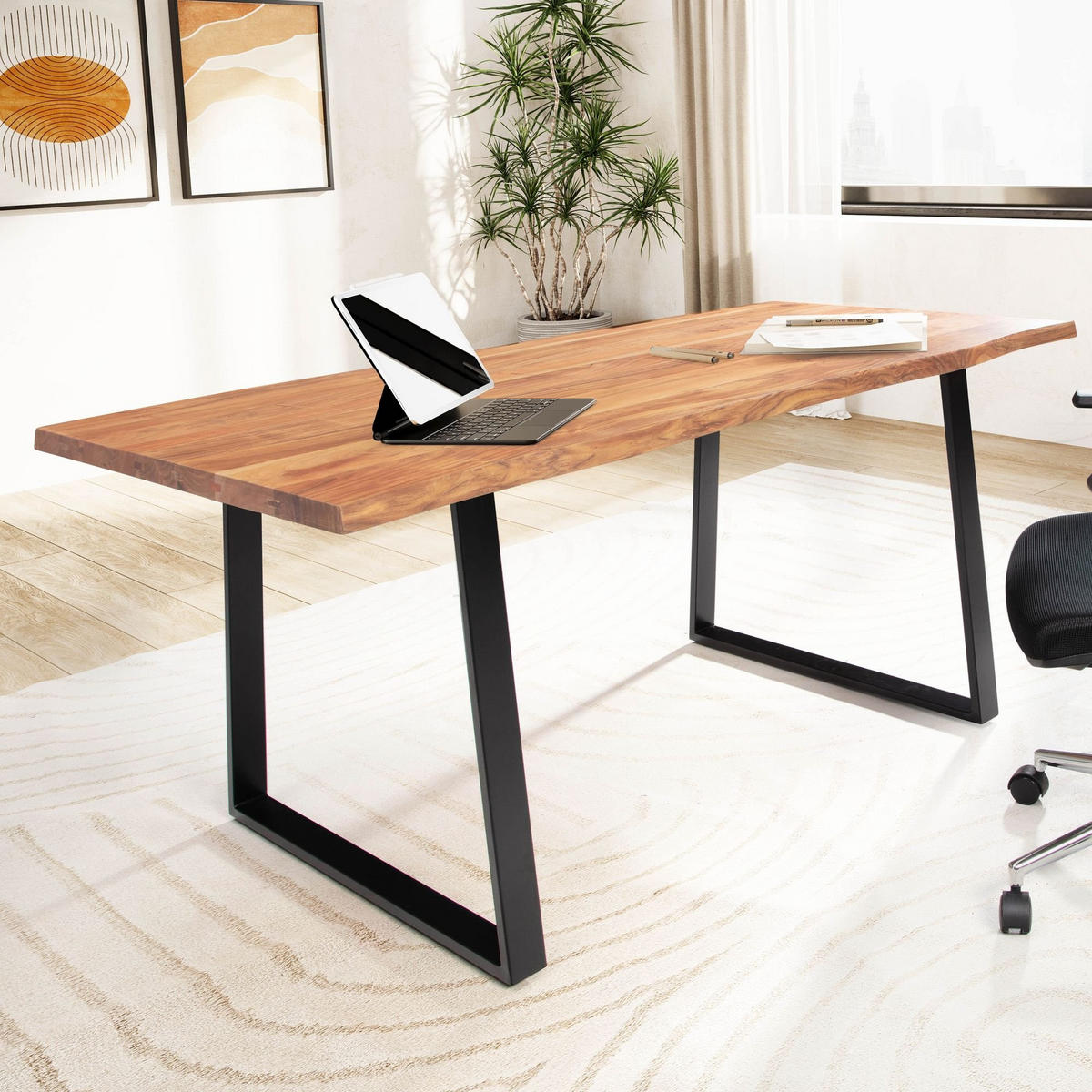 SCHREIBTISCH Massivholz Baumkante Handgefertigt Akazie TARN, Goldbraun-Schwarz 200x100x76 cm - Schwarz/Braun, Holz/Metall (100/200/76cm) - KADIMA DESIGN