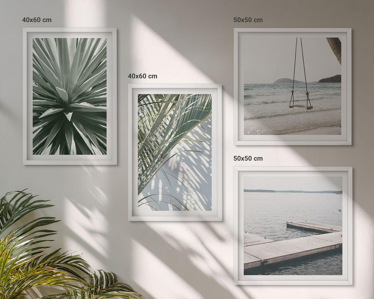 WANDBILDER 4er-Set - 50x50 cm & 40x60 cm Weißer Rahmen - Hängebrücke aus Palmenblättern - Weiß, Kunststoff (50/50cm) - ArtPrintCave
