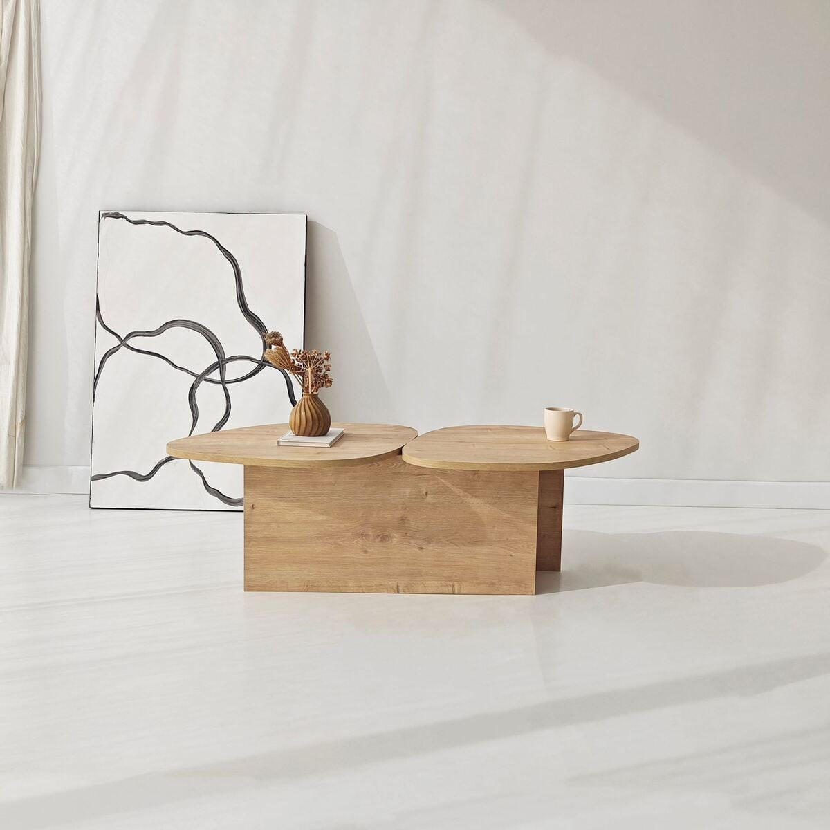 COUCHTISCH mit doppelter Platte in organischer Form 125/60/38 cm - Eichefarben, Holzwerkstoff (125/60/38cm) - Calicosy