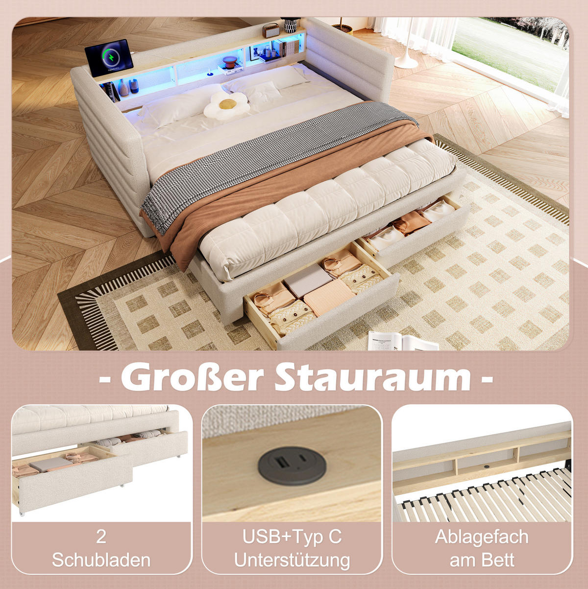 TAGESBETT 90/190 cm Beige aus Samt mit Ausziehfunktion und LED - Beige, Textil (90/190cm) - OKWISH