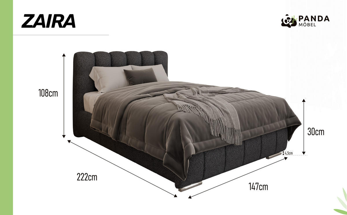 POLSTERBETT Zaira 120x200cm – Elegantes Polsterbett für modernen Wohnstil , Taschenfederkernmatratze Pocket (19cm), Graphitfarben - Graphitfarben, Holz (120/200cm) - Panda Möbel