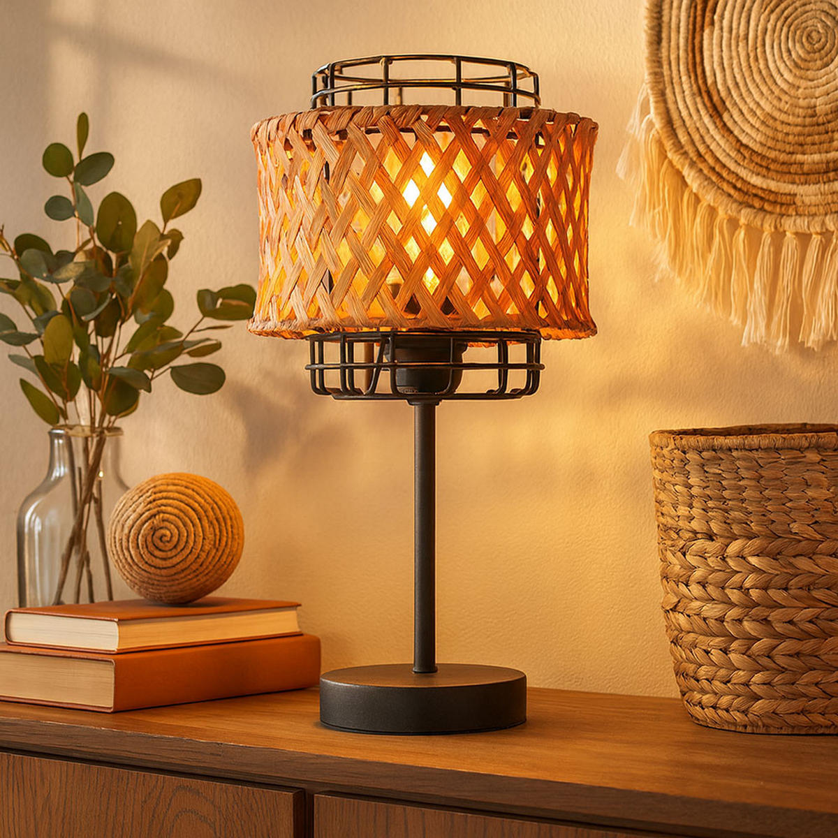 LED TISCHLEUCHTE Bambusgeflecht Braun - Braun, Holz (17/17/32cm) - Globo Lighting