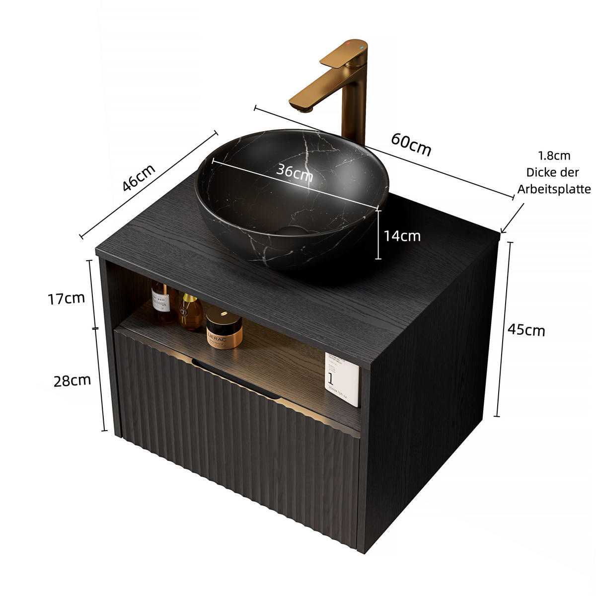 WASCHTISCHUNTERSCHRANK 60x46x60.8cm in Schwarz mit Sensor-LED, Soft-Close & Massivholzfront - Schwarz, Keramik (60/60.8/46cm) - Modfu