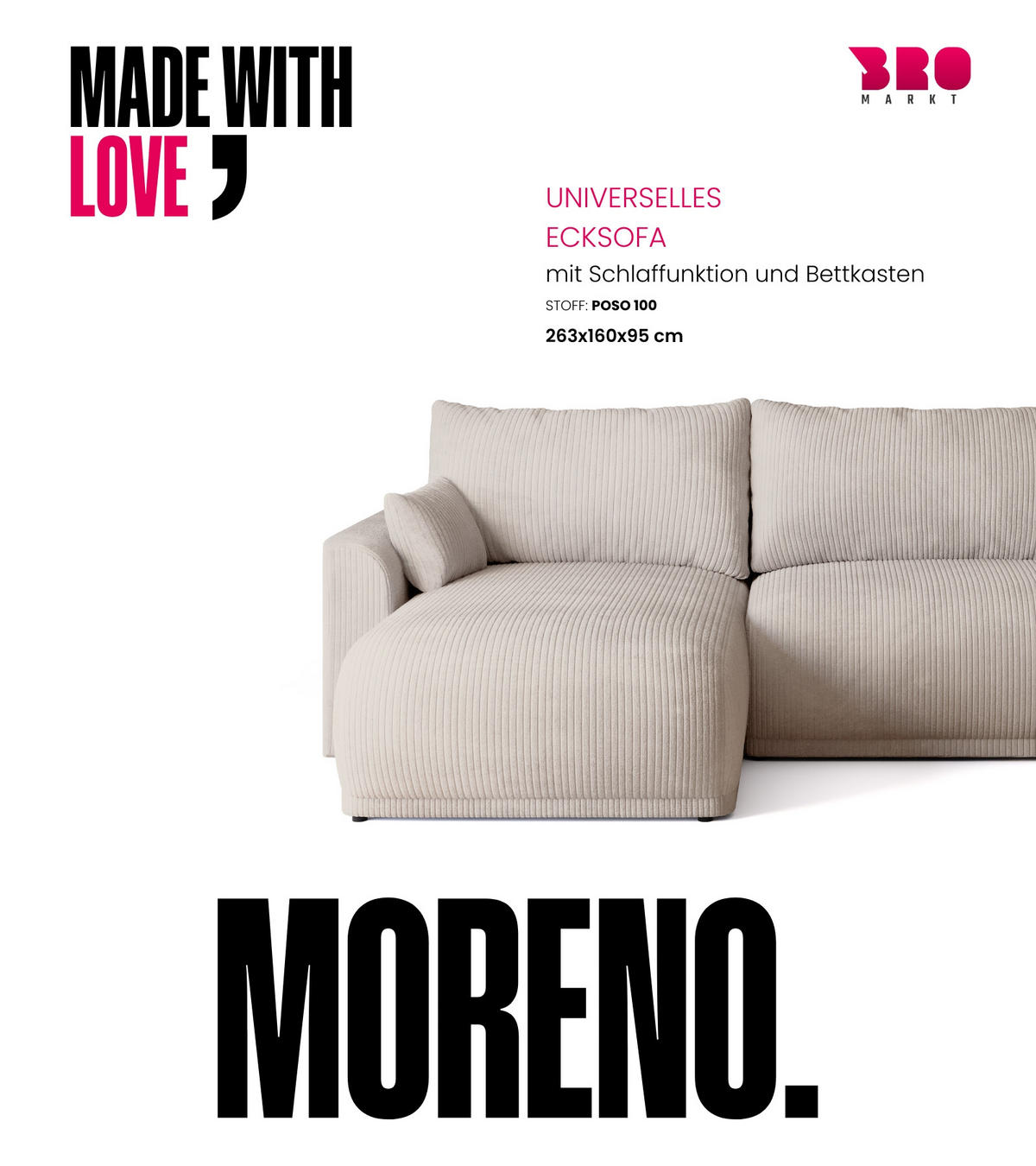 ECKSOFA MORENO mit Schlaffunktion Vanille Cord - Creme, Textil (262/160cm) - Bromarkt