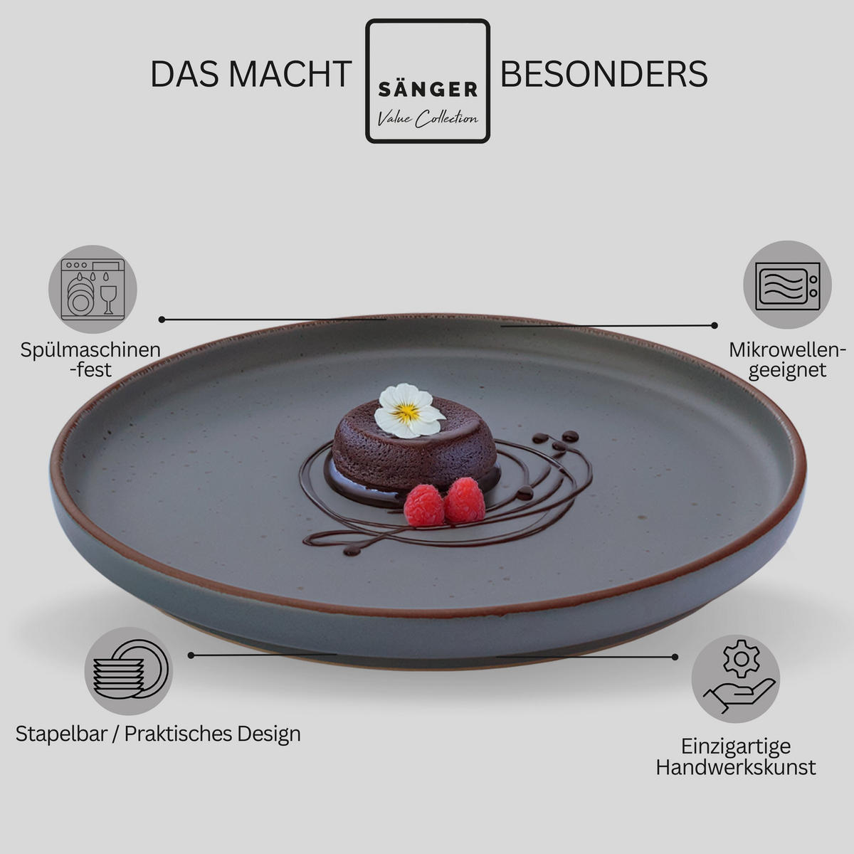 DESSERTTELLER BOMBAY GRAPHIT - 4 teilig aus Steingut - Grau, Stein (20.5cm) - Sänger