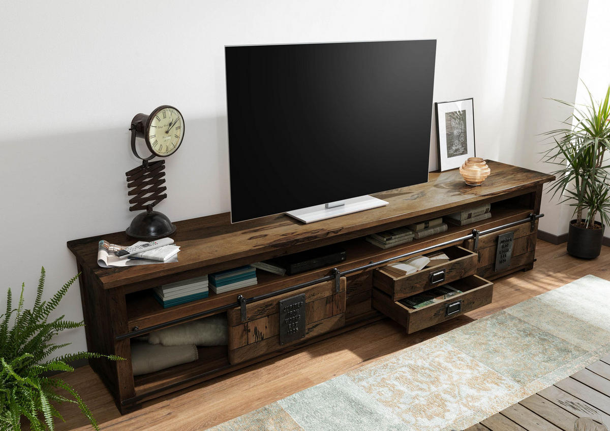 TV-BOARD Mango 260x50x60 braun lackiert RAILWAY #455 - Braun, Holz (260/60/50cm) - Massivmoebel24