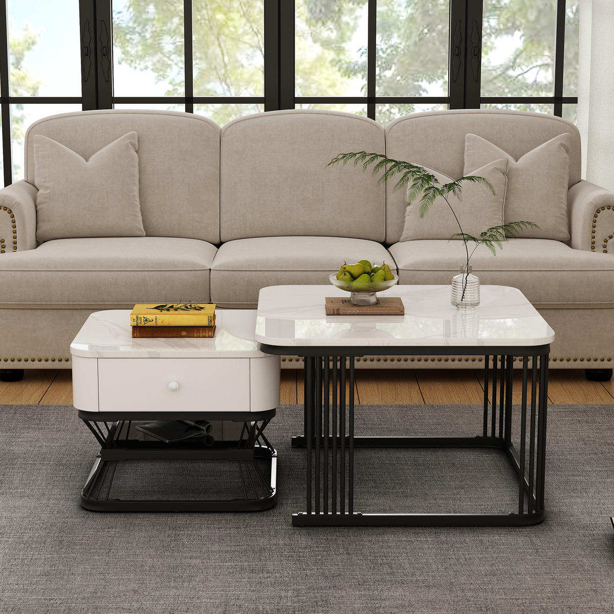 COUCHTISCH Set 70/70/45 cm und 50/50/40 cm Weiß + Schwarz mit 1 Schublade aus MDF und Metall - Weiß, Glas (70/70/45cm) - OKWISH