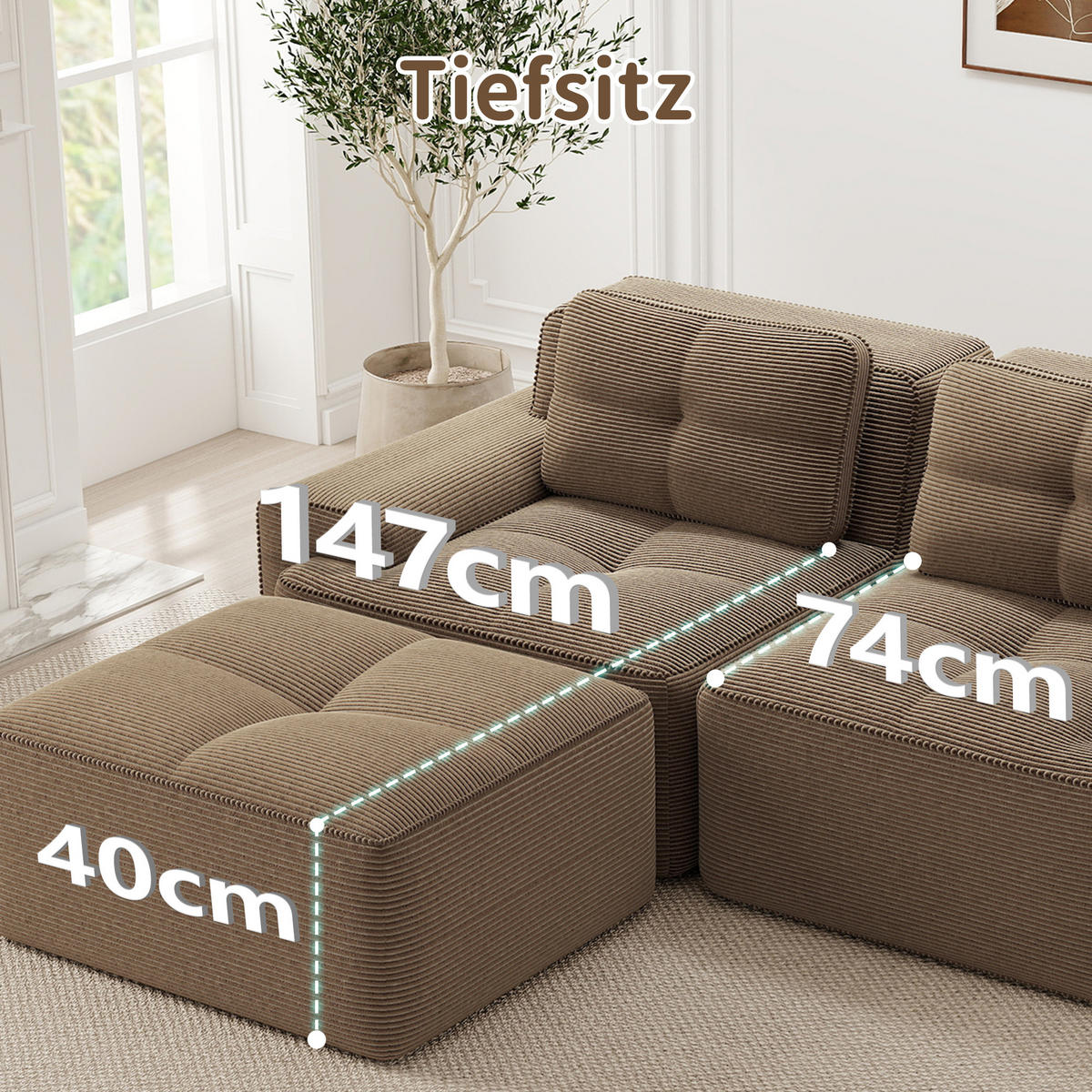2-SITZER SOFA cord braun modular & extratiefer sitz - Walnussfarben, Textil (204/69/104cm) - Urban Meuble