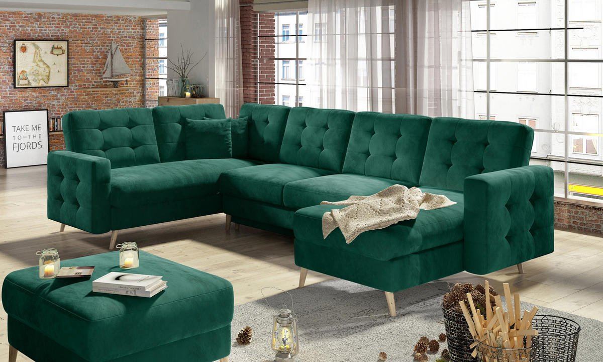 ECKSOFA Asgard U 202/326 cm Dunkelgrün Monolit 37 - Dunkelgrün/Pinienfarben, Holz/Textil (326/202cm) - Eltap