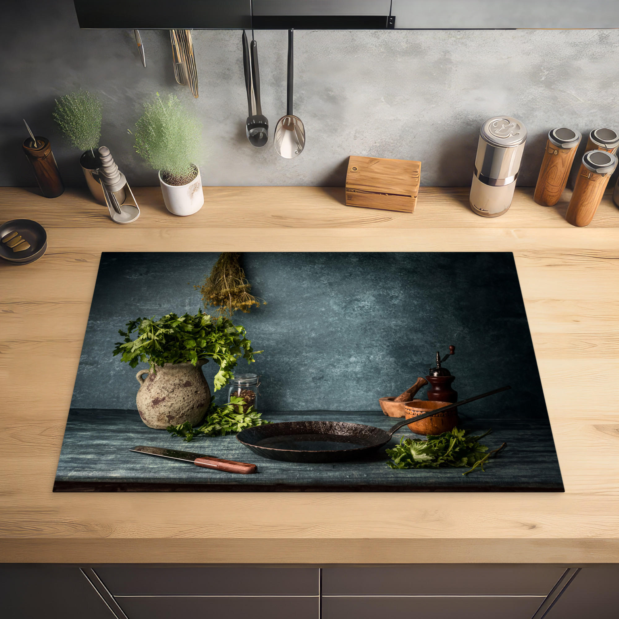 HERDABDECKPLATTE Kräuter - Gewürze - Pfanne - Messer - Grau - Rustikal 76x51 cm - Petrol, Kunststoff (76/0.2/51.5cm) - MuchoWow