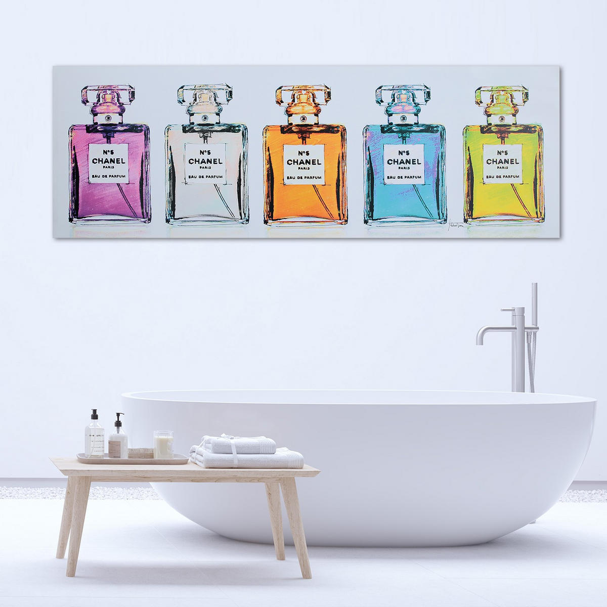 WANDBILD farbige parfümflaschen - Multicolor, Textil (90/30cm) - Feeby