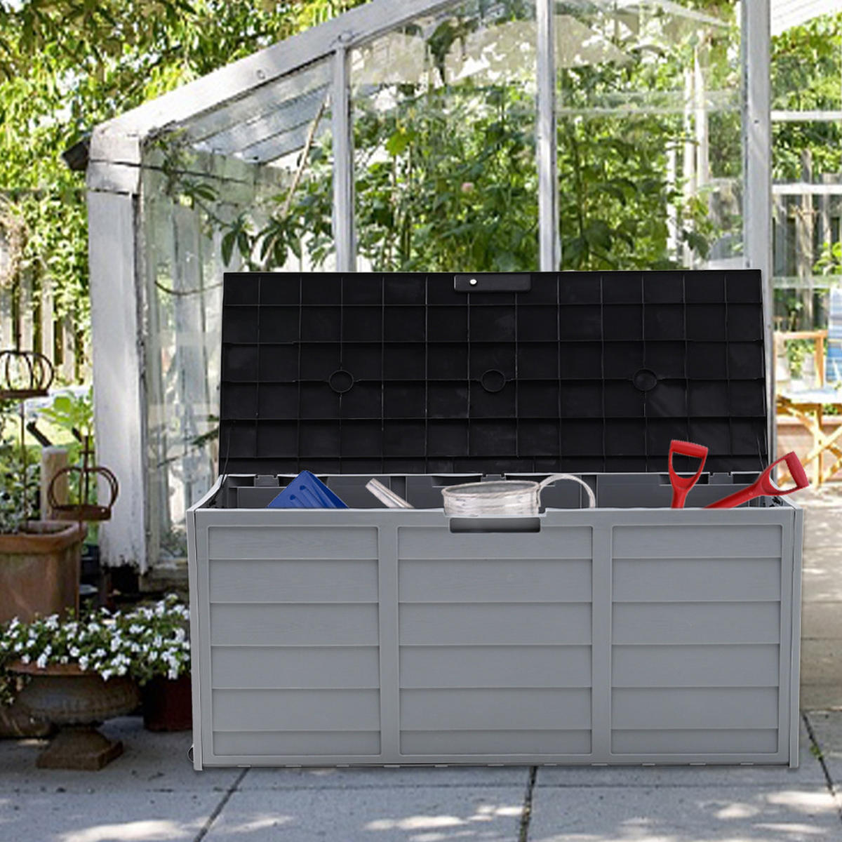 GARTENBOX Kissenbox Auflagenbox 290L aus Kunststoff in Schwarz Abschließbar Wasserdicht Wetterfest für Garten, Terrasse oder Balkon - Schwarz/Grau, Kunststoff (112/54/49cm) - Livingandhome