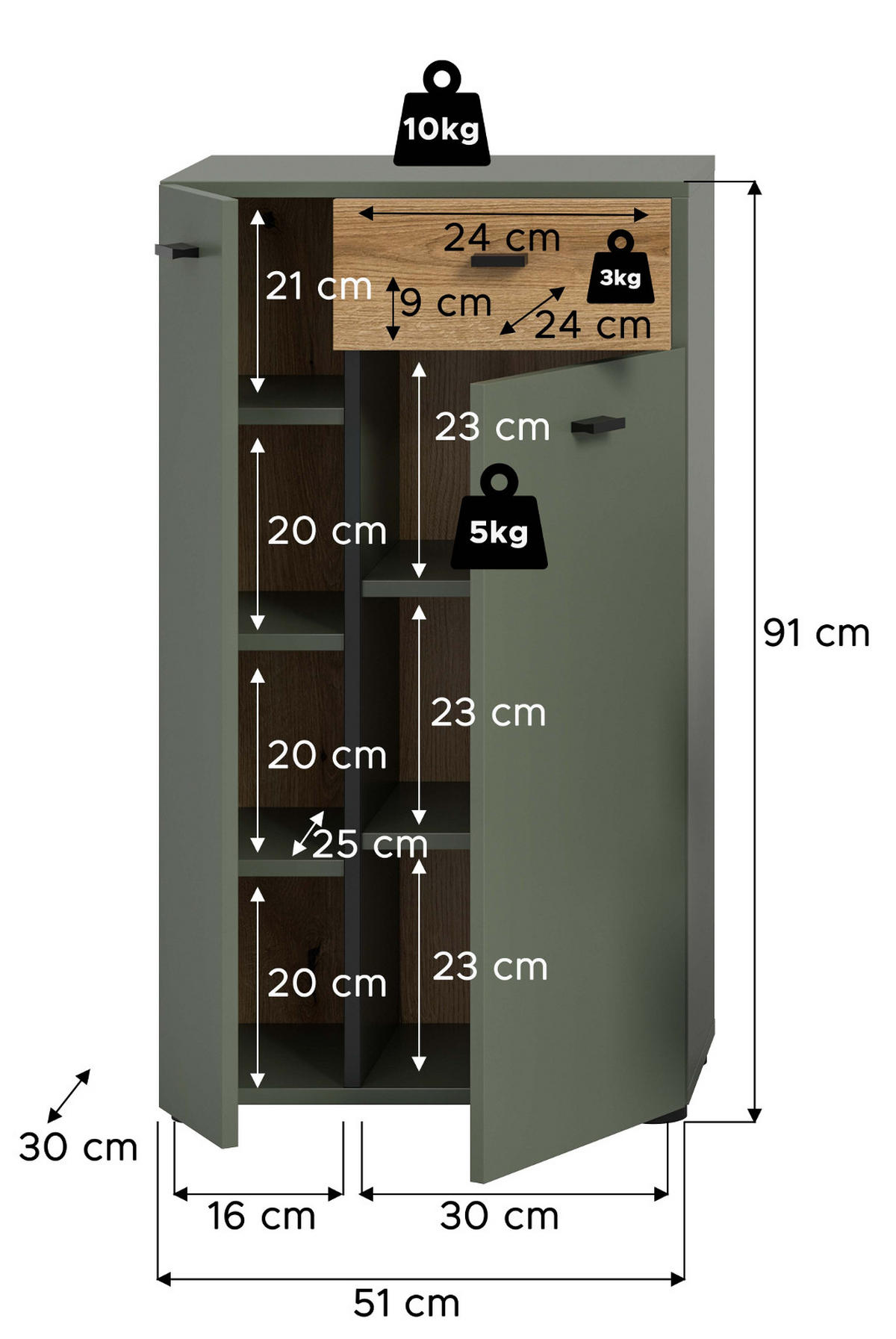 BADKOMMODE grün, Evoke Eiche 51 cm, Midischrank mit 7 Fächern - Eichefarben/Schwarz, Holzwerkstoff/Kunststoff (51/91/30cm) - Inn.Furn