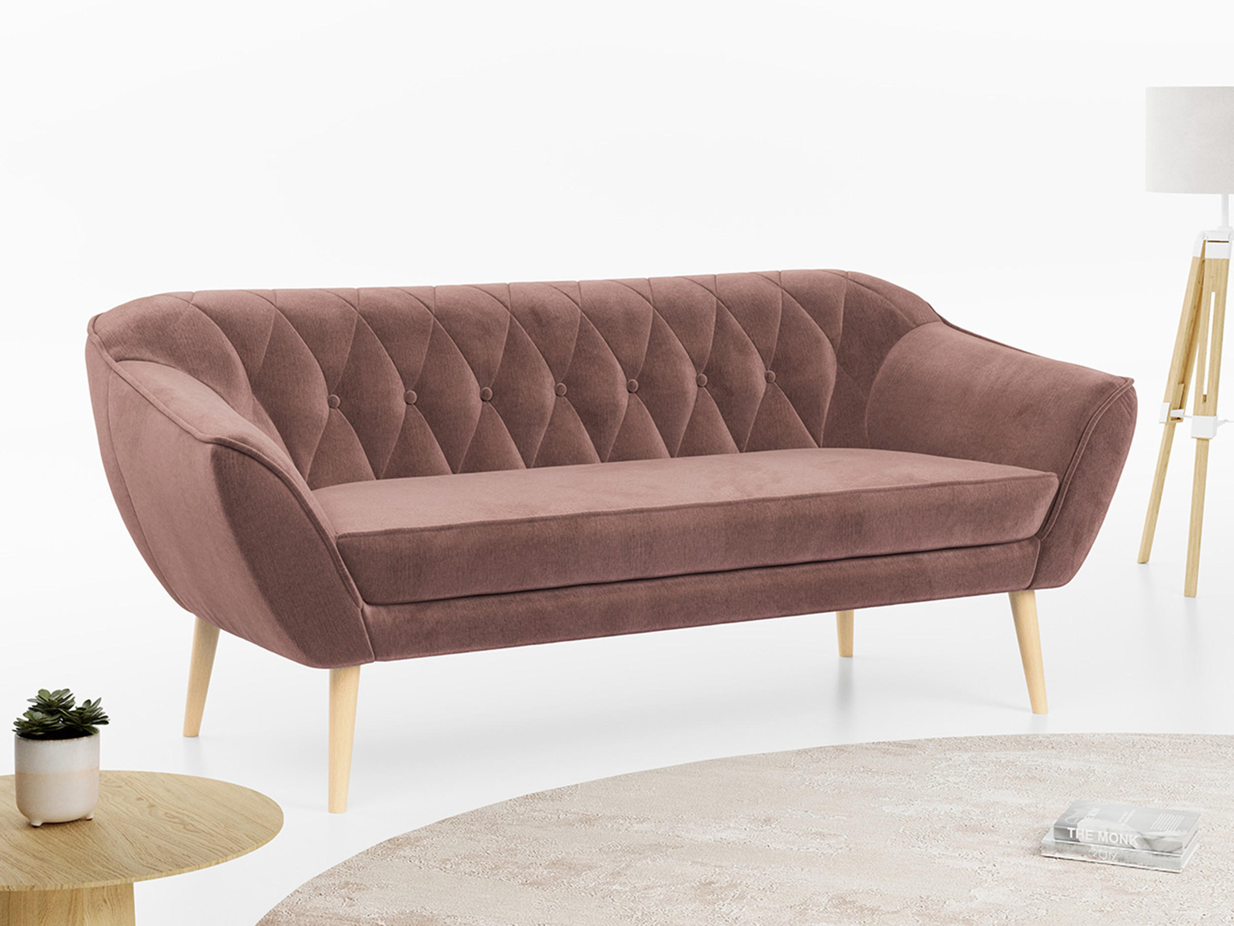 SOFA Pirs 3 Sitzer Velvet Rosa - Rosa/Braun, Holz/Textil (180/75/74cm) - MKS