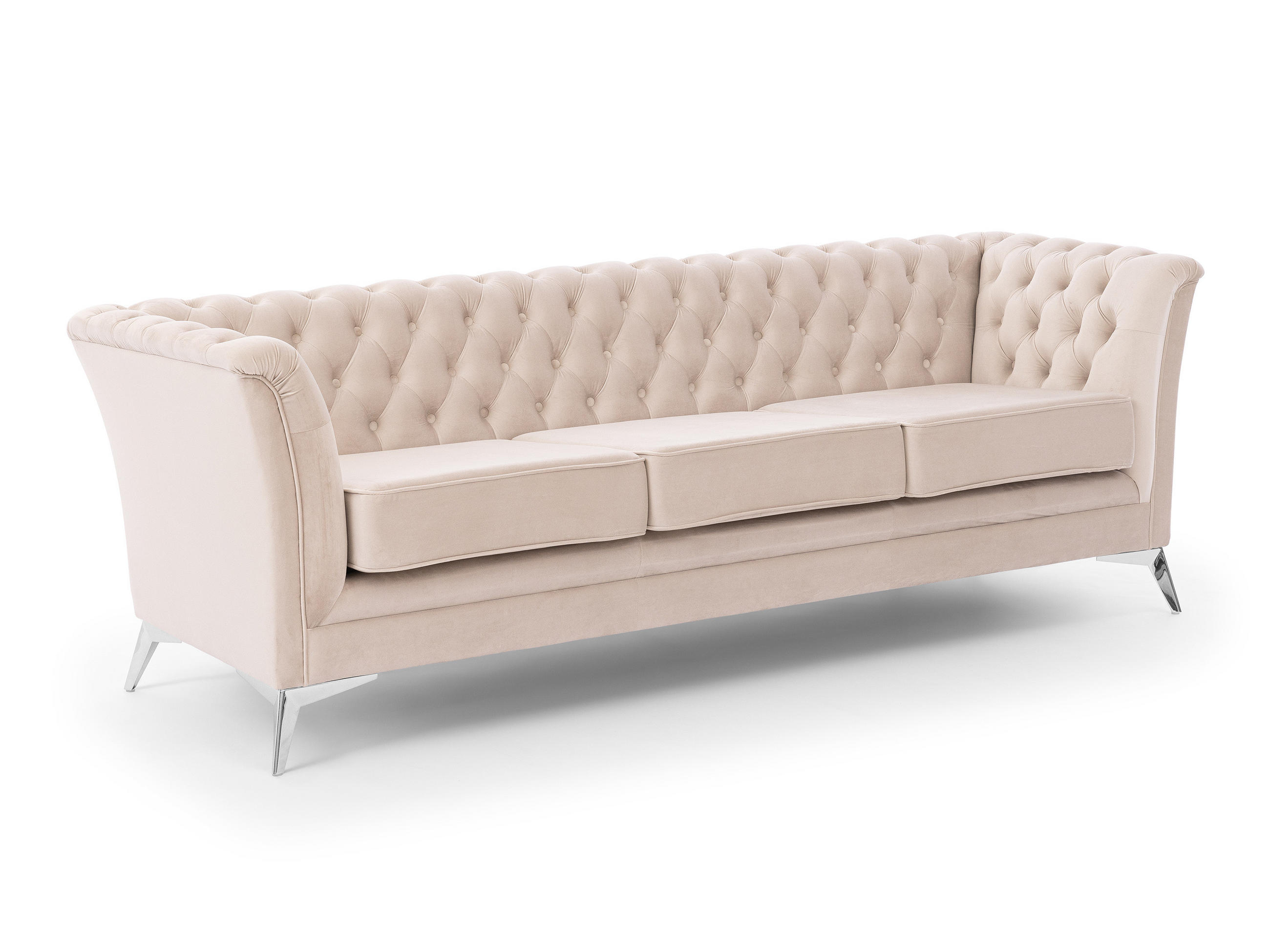 CHESTERFIELD-SOFA 3-sitzer Whitby Beige Samt mit silbernen Füßen - Beige/Silberfarben, Holz/Textil (237/78/82cm) - S-Style Möbel