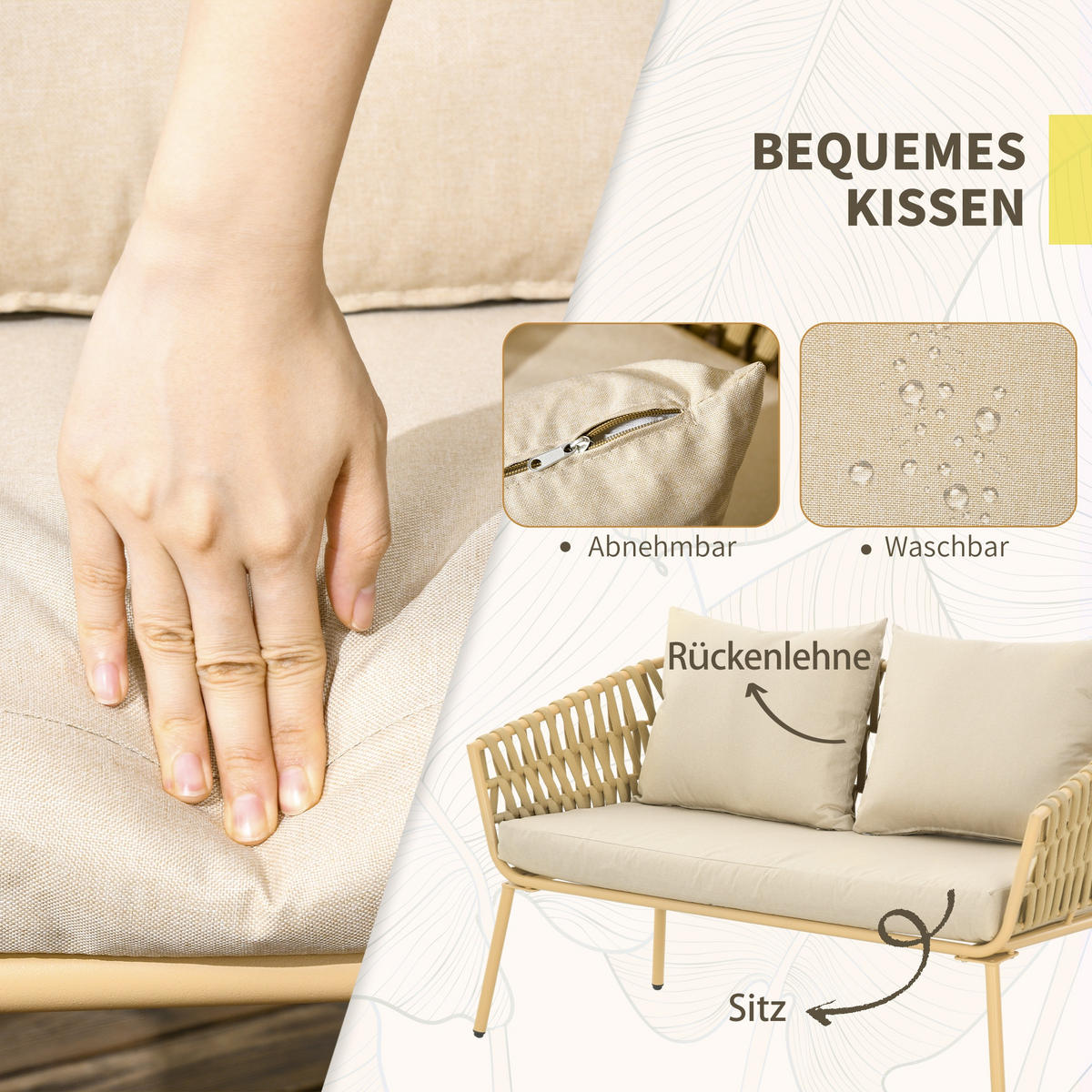 4 tlg. Gartenmöbel-Set Sitzgruppe Gartengarnitur mit Kissen Khaki - Naturfarben, Kunststoff - Outsunny