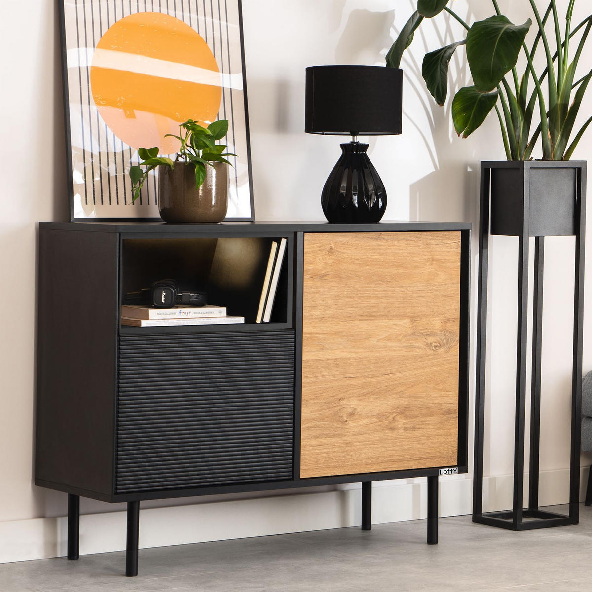 KOMMODE LOFTY Außenseiteneinlage, schwarz / Eiche natur - Eichefarben/Schwarz, Holzwerkstoff (102/83/41cm) - KONSIMO®