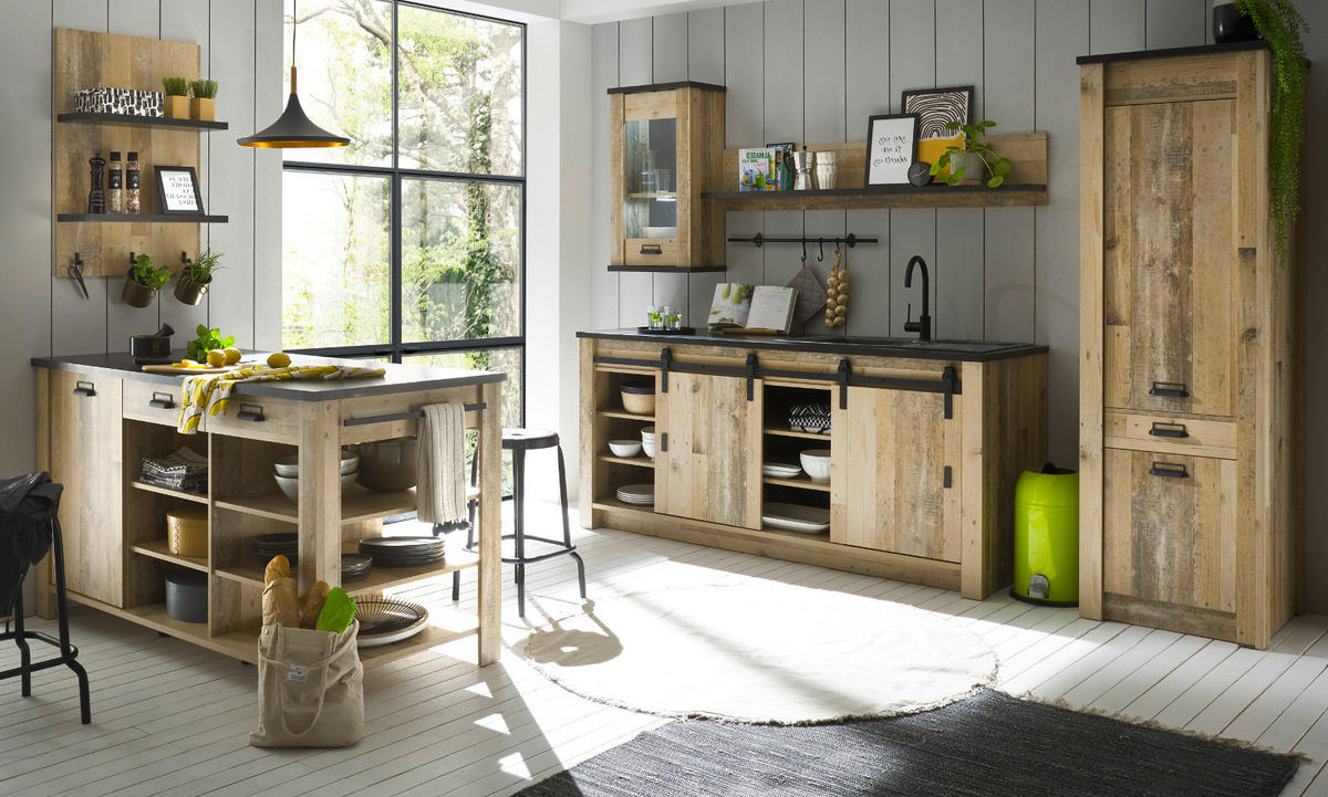 KÜCHEN-SET Used Wood hell, anthrazit, Küchenschrank Set 6-teilig mit Kochinsel - Anthrazit/Schwarz, Glas/Holzwerkstoff (62/201/64cm) - Furn.Design