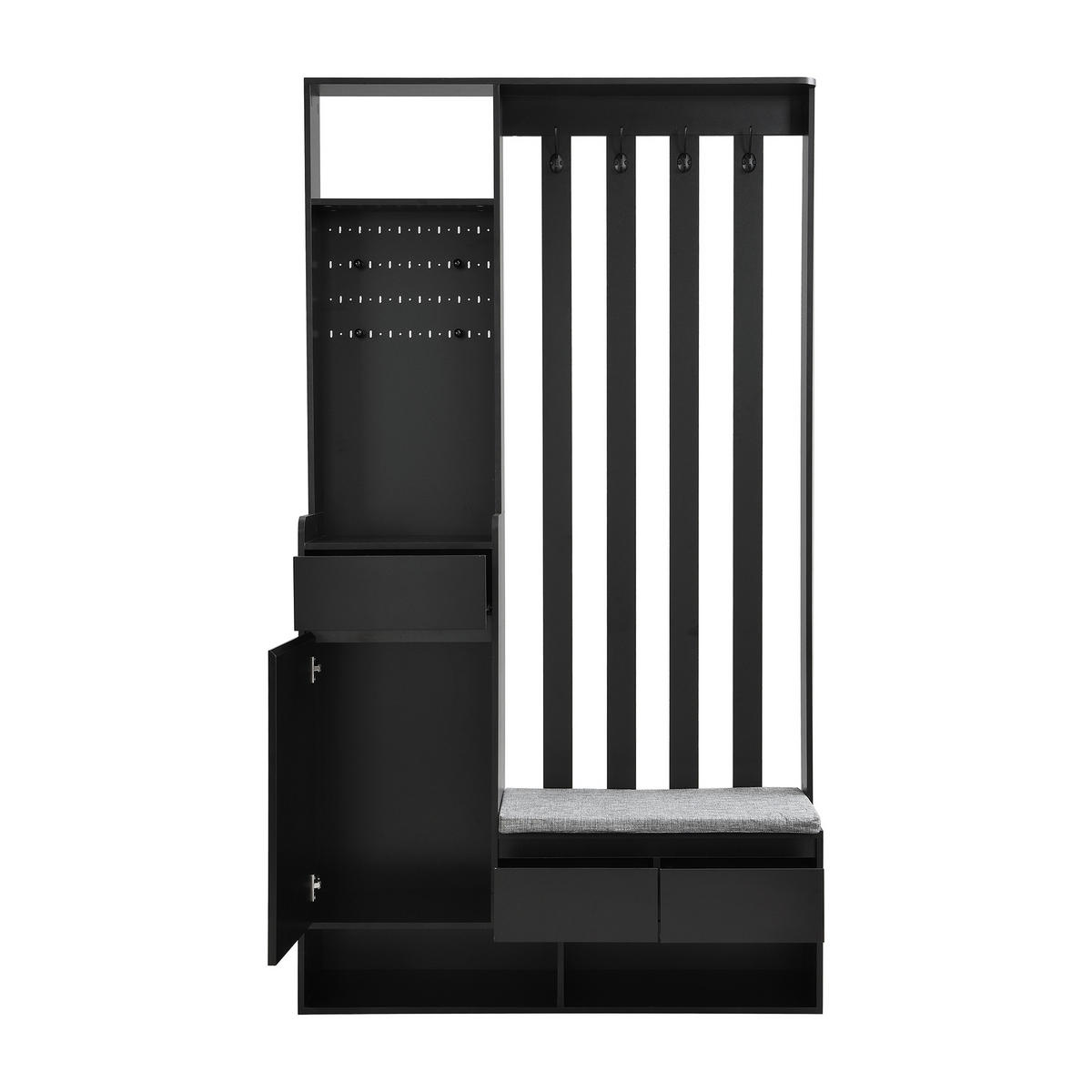 GARDEROBE Schwarz Bank 4 Haken Schuhschrank 100x35x180cm - Schwarz, Holzwerkstoff (35/180/100cm) - FLIEKS