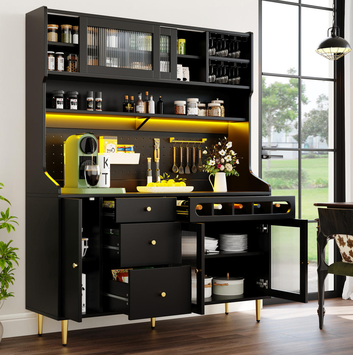 BUFFET 145/39/171 cm schwarz aus Glas und MDF mit LED - Schwarz, Glas (145/171/39cm) - OKWISH