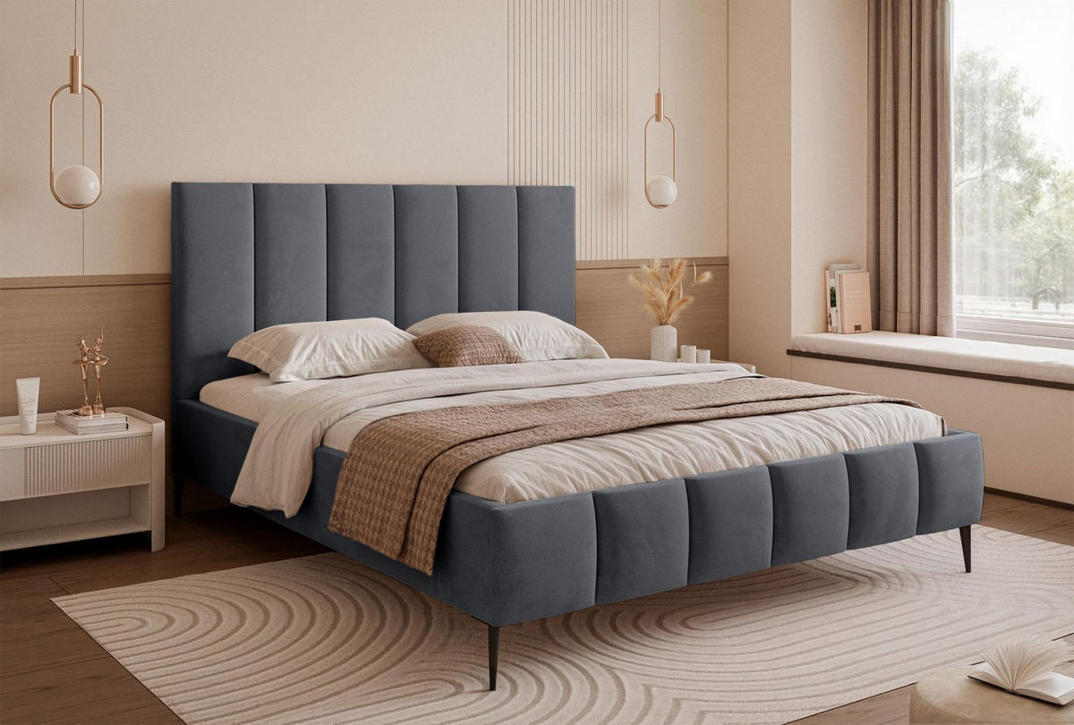 POLSTERBETT Sarafino Dunkelgrau Samt 140x200 cm - Dunkelgrau/Schwarz, Textil/Metall (140/200cm) - Selsey