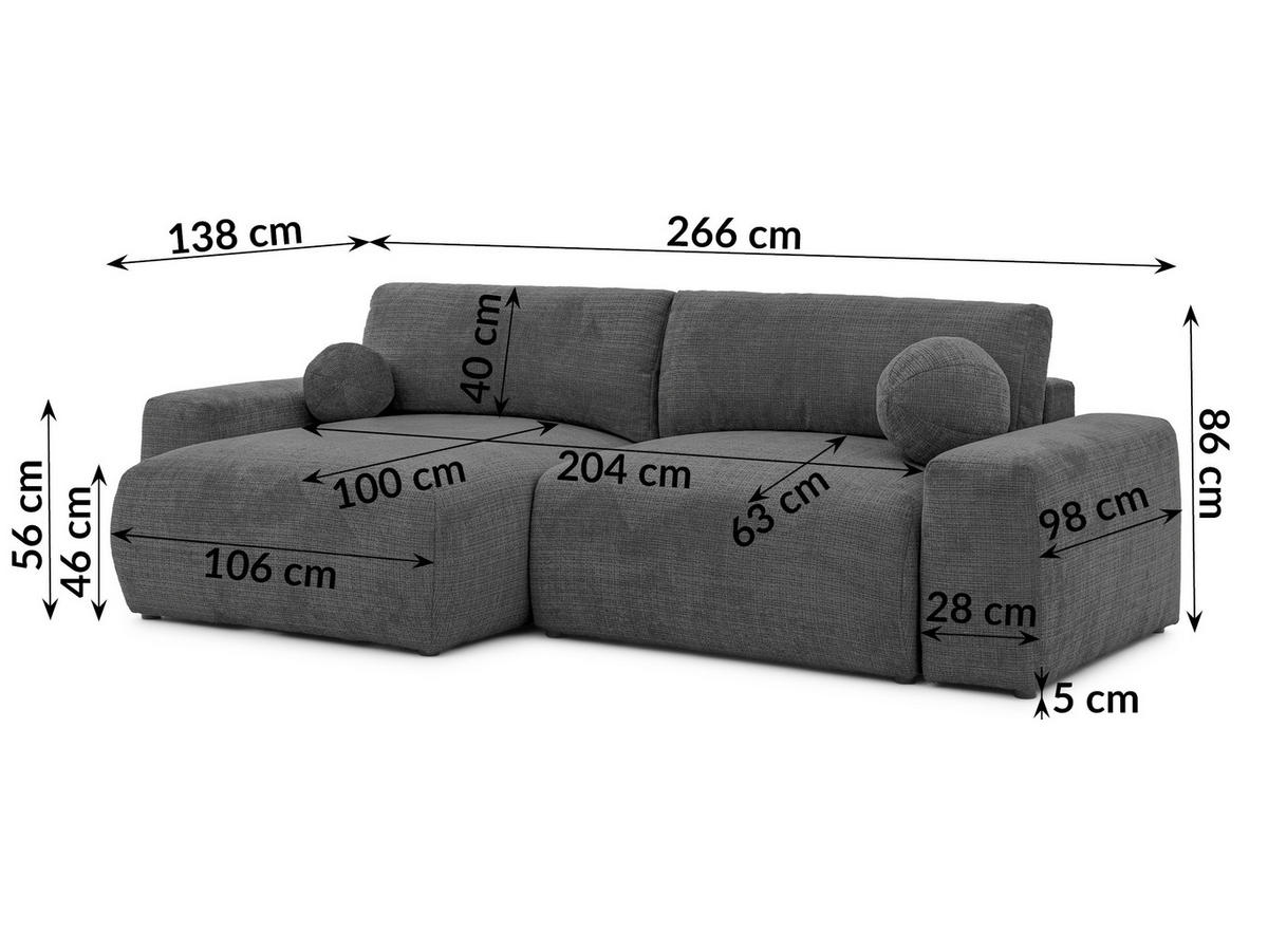 ECKSOFA Puffy mit Schlaffunktion und Bettkasten - besonders weich und puffig aus Grau Chenille-Stoff - Ottomane links - Schwarz/Grau, Holz/Kunststoff (138/266cm) - S-Style Möbel