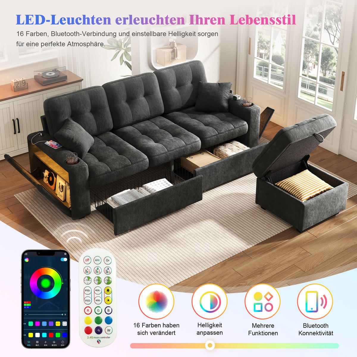 BIGSOFA mit Stauraum-Hocker, USB-C, LED und Becherhaltern aus Chenille - Schwarz, Textil (194.5/83/133cm) - EVRYAE
